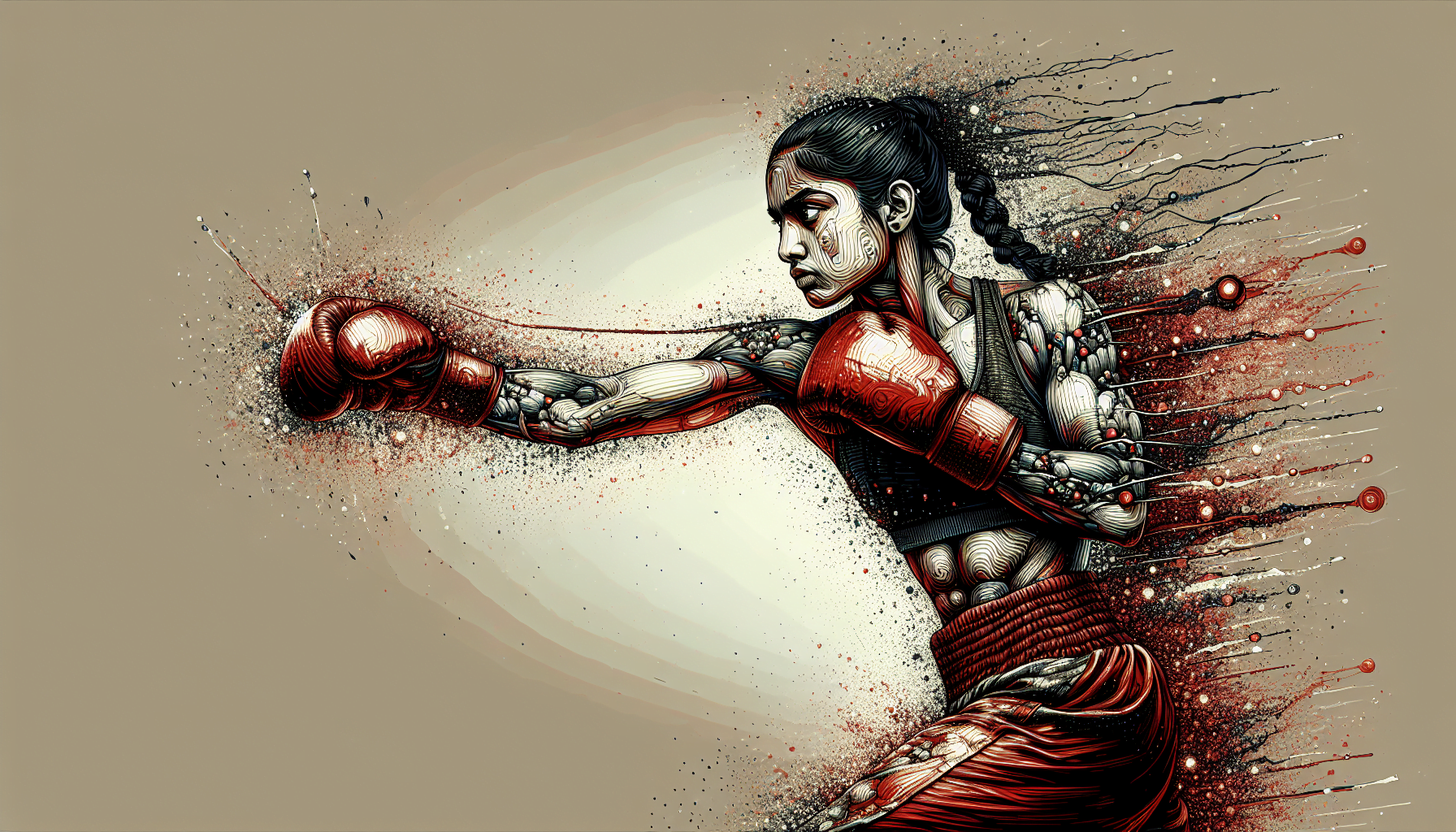 Illustration of a female boxer with red gloves throwing a punch, with dynamic splatter effects emphasizing motion.