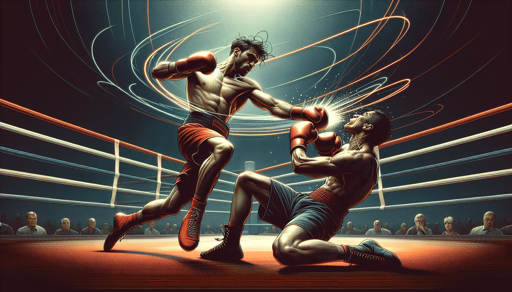 Illustration of two boxers in a ring, one delivering an uppercut to the other who is recoiling, with dynamic lighting and a crowd in the background.