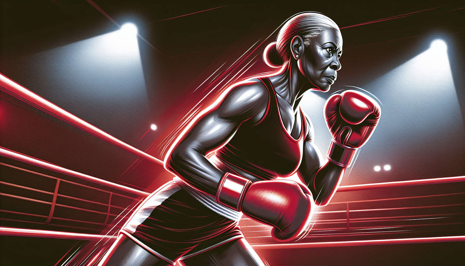 Illustration of a female boxer in a ring, with a determined expression, wearing gloves and sportswear, highlighted by dynamic red lighting effects.