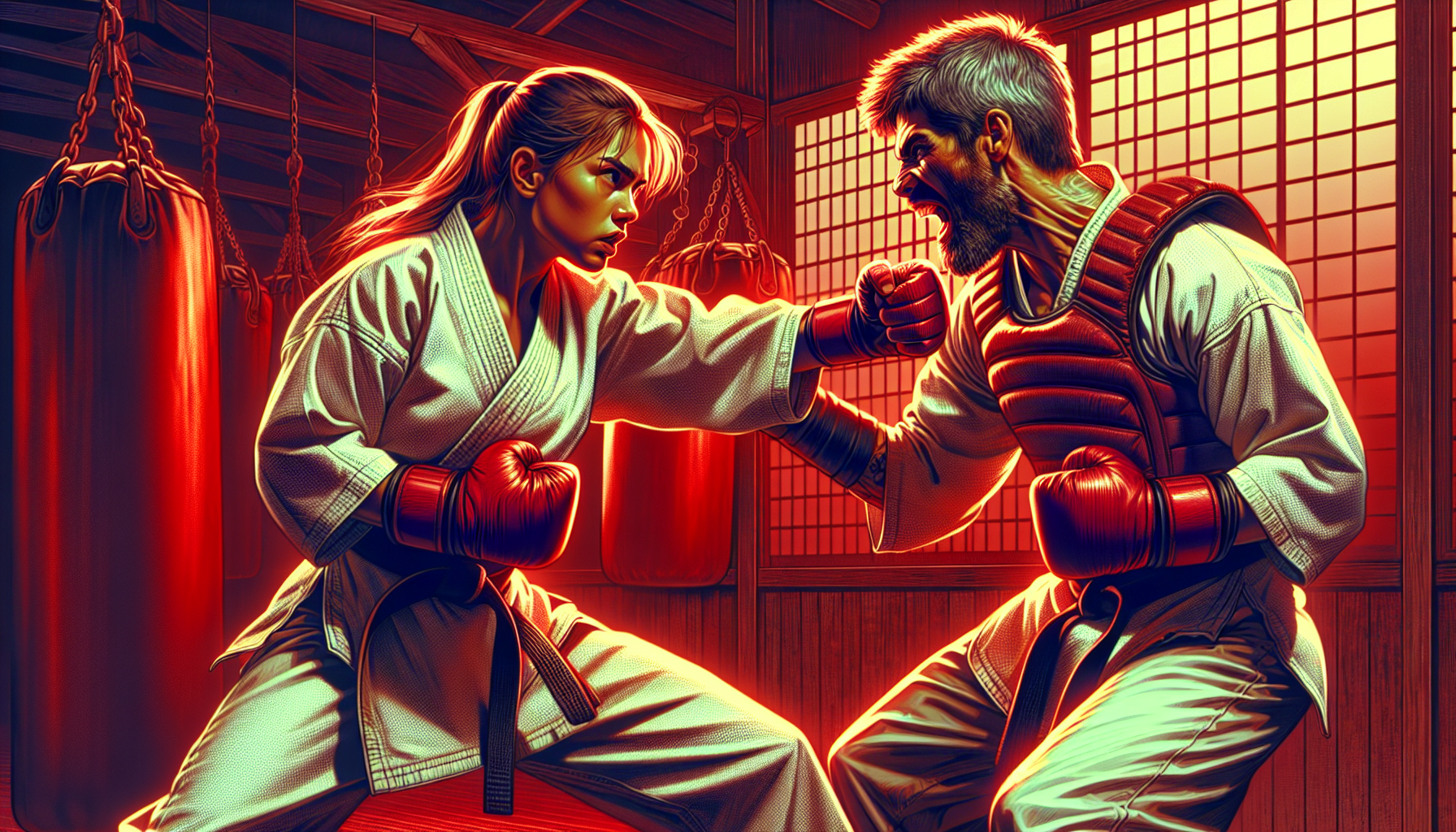 Illustration of a woman in a karate gi and a man in boxing gloves practicing martial arts in a dojo with punching bags in the background.