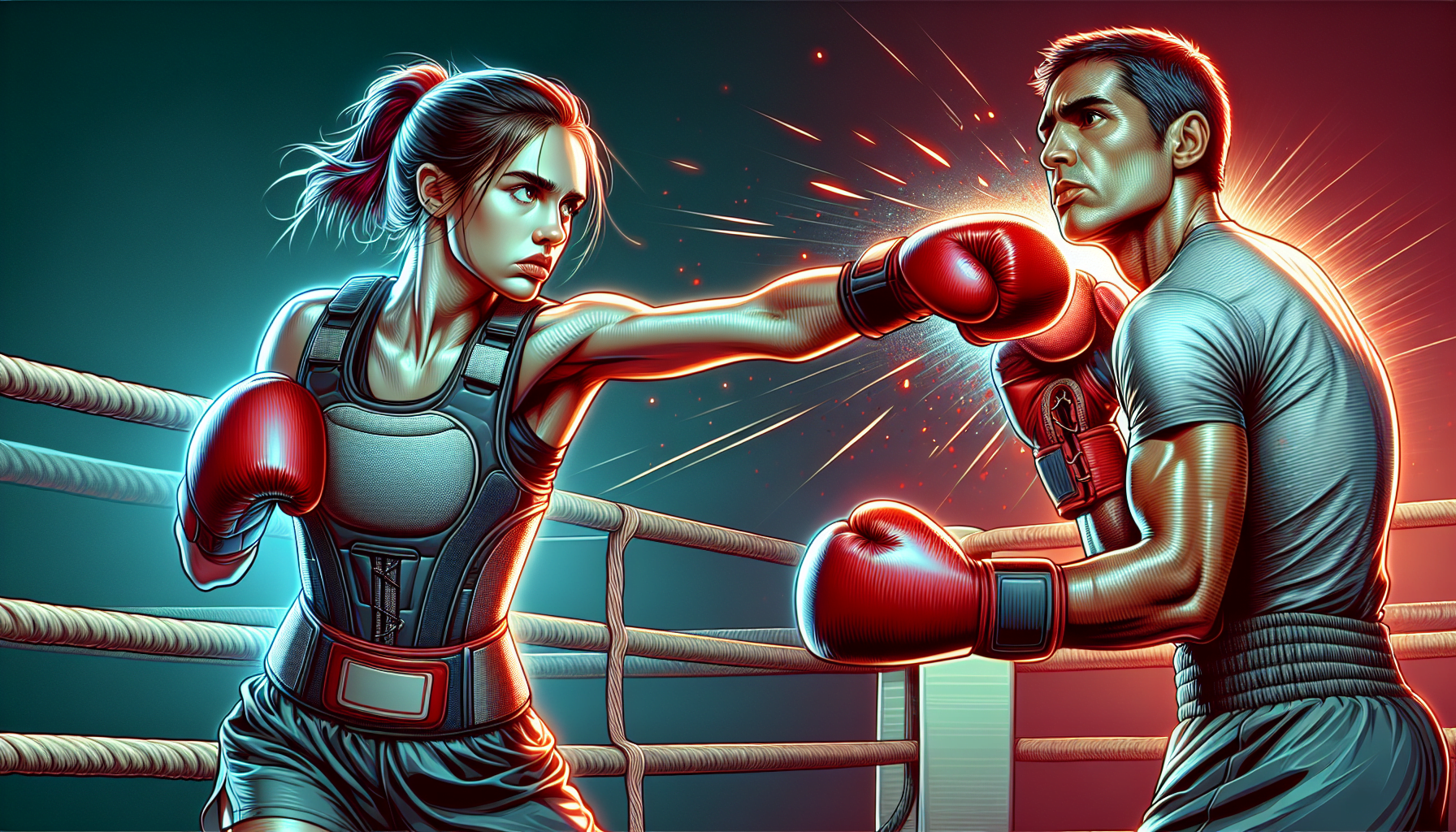 Illustration of a male and female boxer in a ring, exchanging punches with intense expressions, highlighted by dynamic lighting effects.