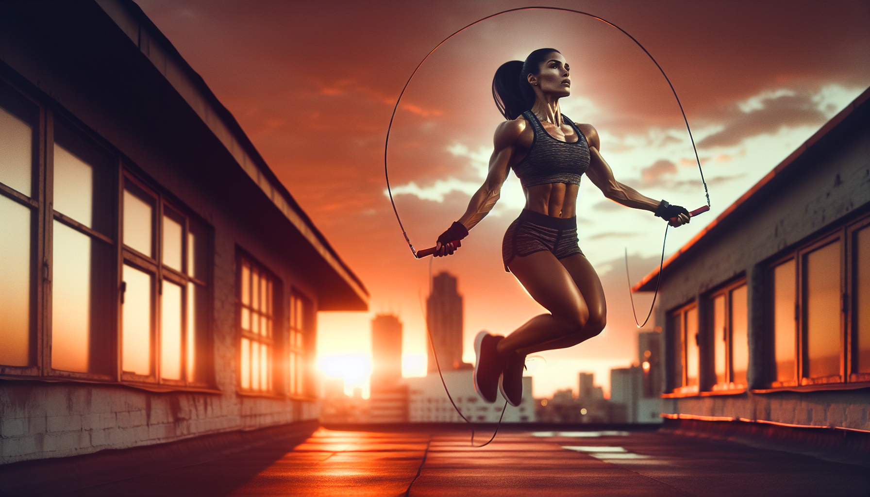 A woman doing jump rope exercise on a rooftop at sunset.