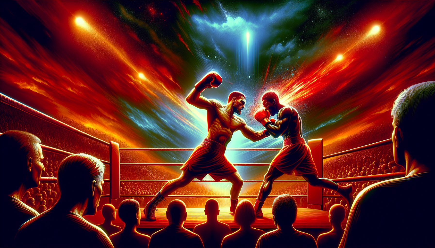 Two boxers fighting in a ring with an audience and dramatic lighting in the background.