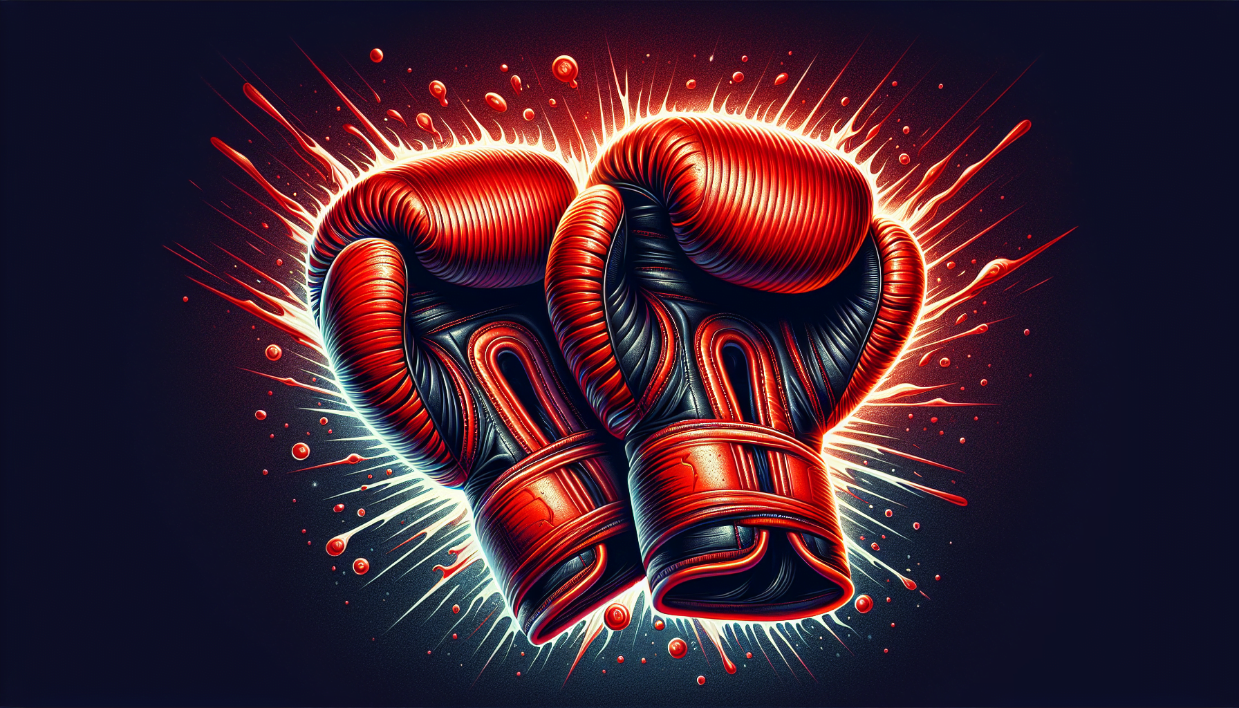 Illustration of a pair of boxing gloves with a dynamic, energetic burst of light and splatter effects in the background, predominantly in red and blue tones.