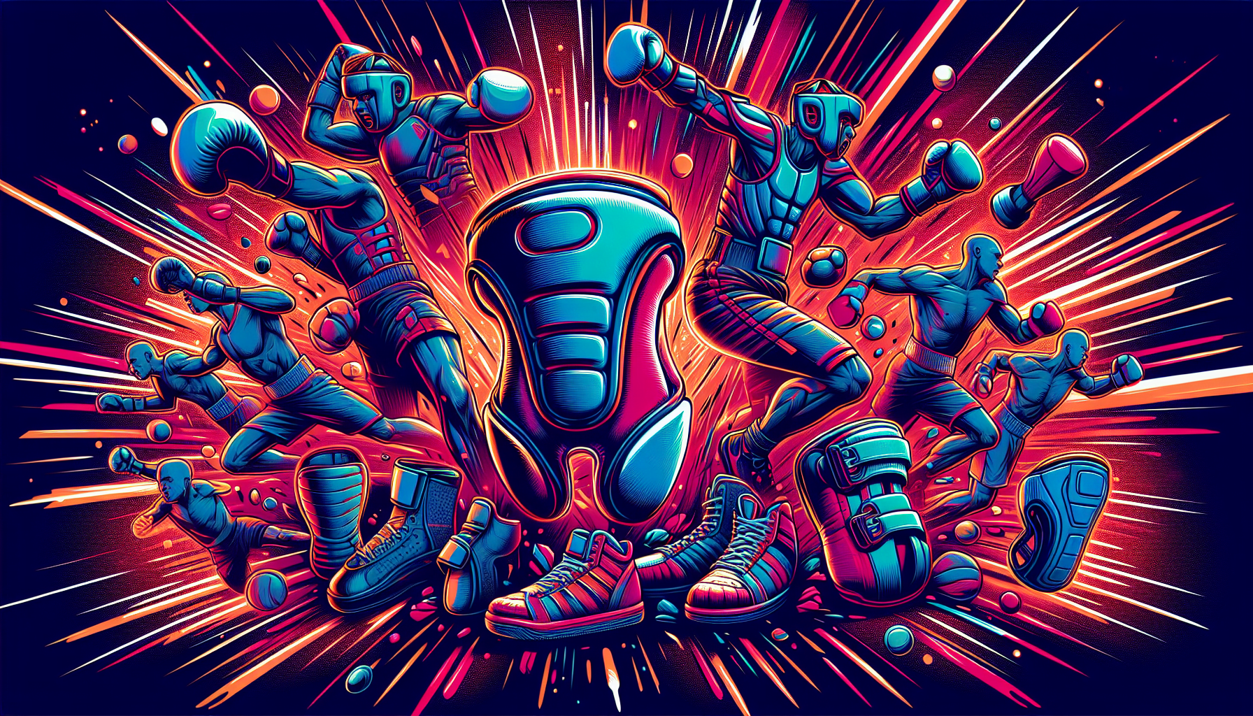 The image depicts stylized, futuristic athletes engaged in a dynamic and intense sports action around a central glowing object, with vibrant colors and energetic lines suggesting movement and impact.