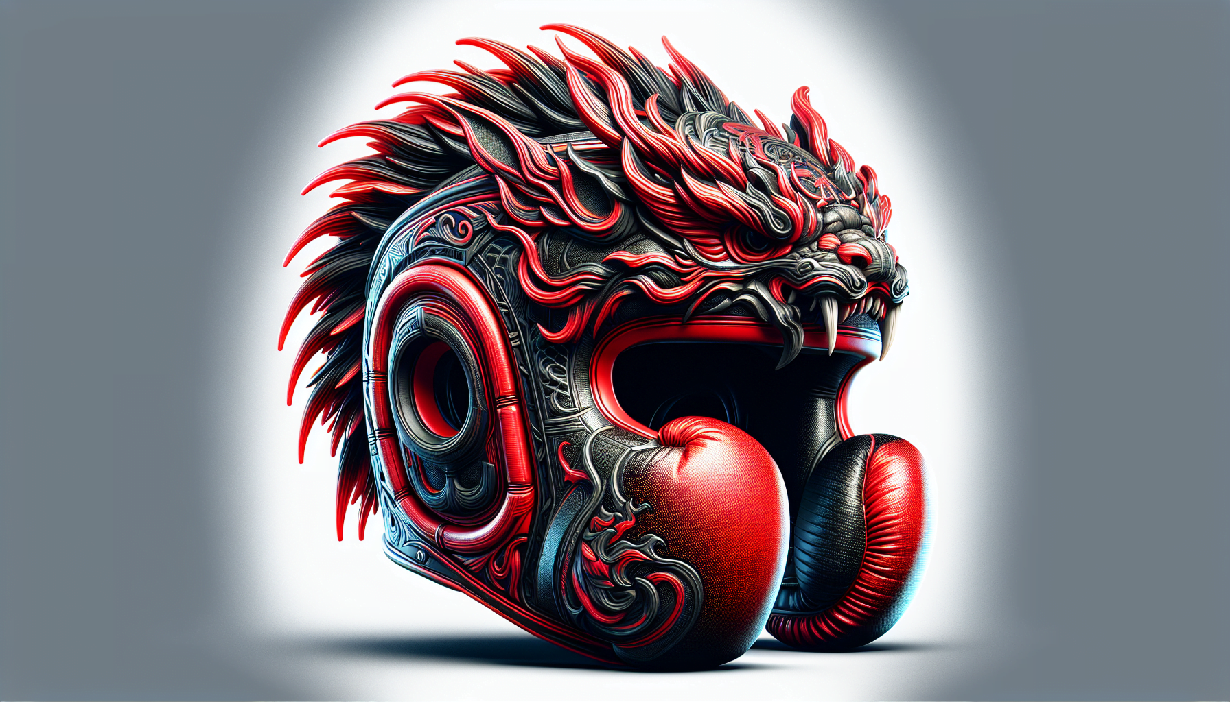 Illustration of a stylized dragon helmet with intricate red and black designs on a grey background.