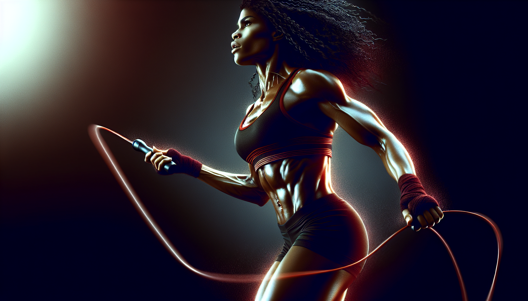 A woman in athletic wear exercising with a jump rope against a dark background with a dramatic light source.