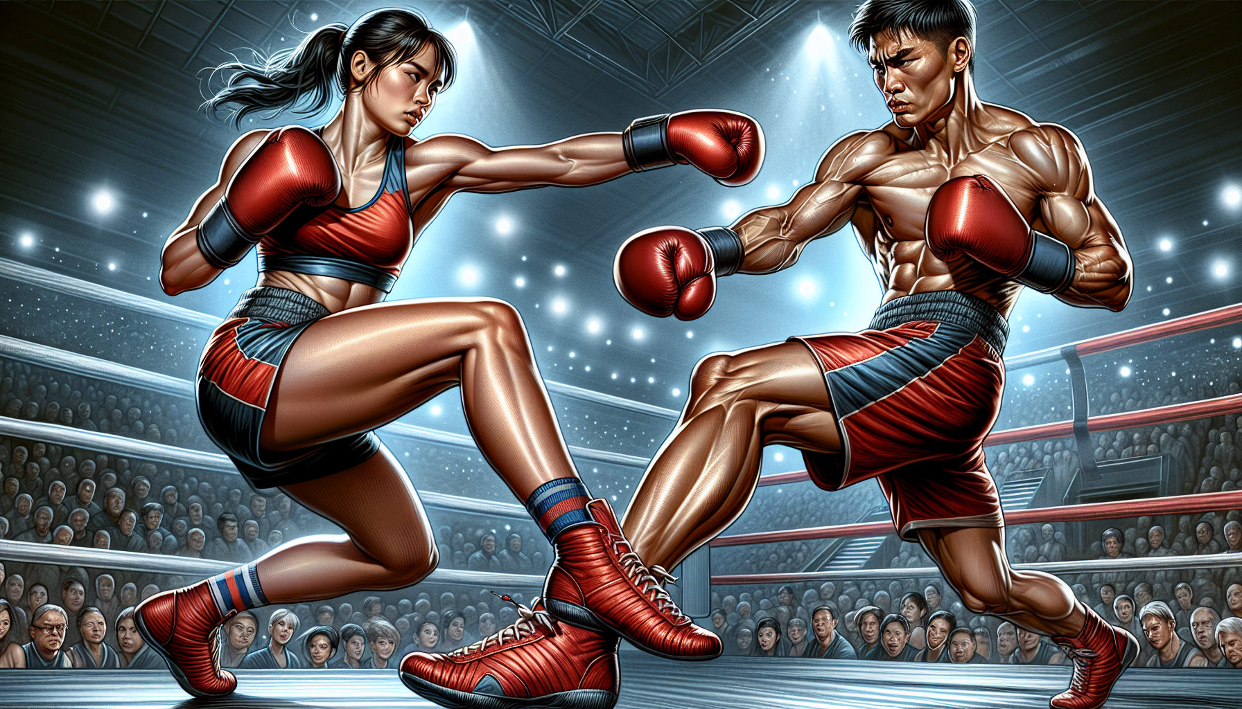 Illustration of a male and female boxer mid-fight in a boxing ring with an audience in the background.