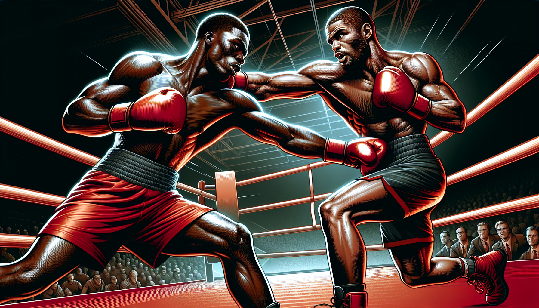 Illustration of two boxers in a ring exchanging punches with an audience in the background.