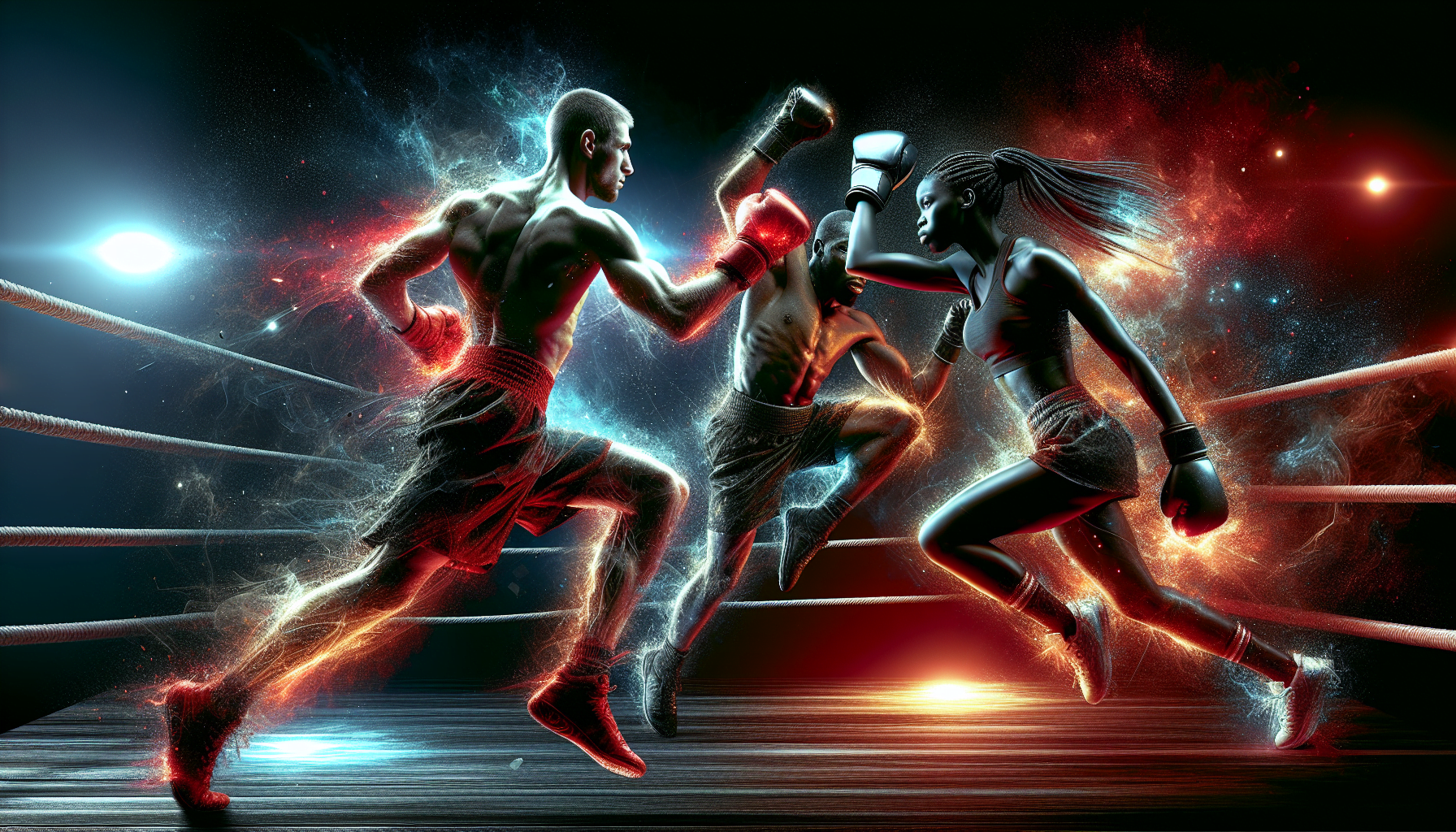 Two animated boxers in a dynamic fight surrounded by visual effects that suggest motion and energy.