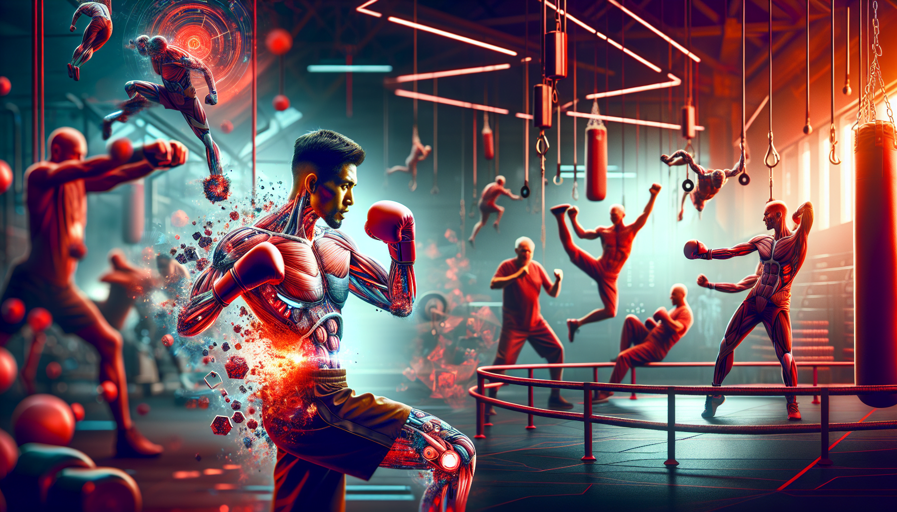 Digital artwork of a futuristic fight scene in a gym with a central character throwing a punch that disintegrates an opponent, surrounded by other fighters in dynamic poses.