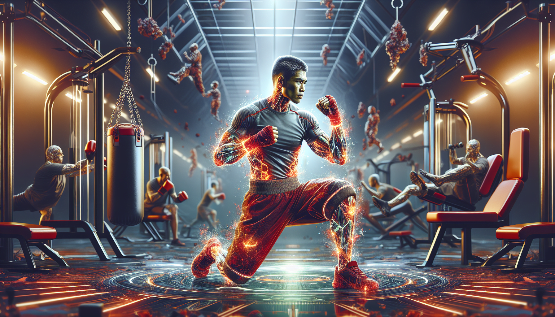 A person with glowing energy lines doing a lunge in a futuristic gym with advanced equipment and holographic displays.