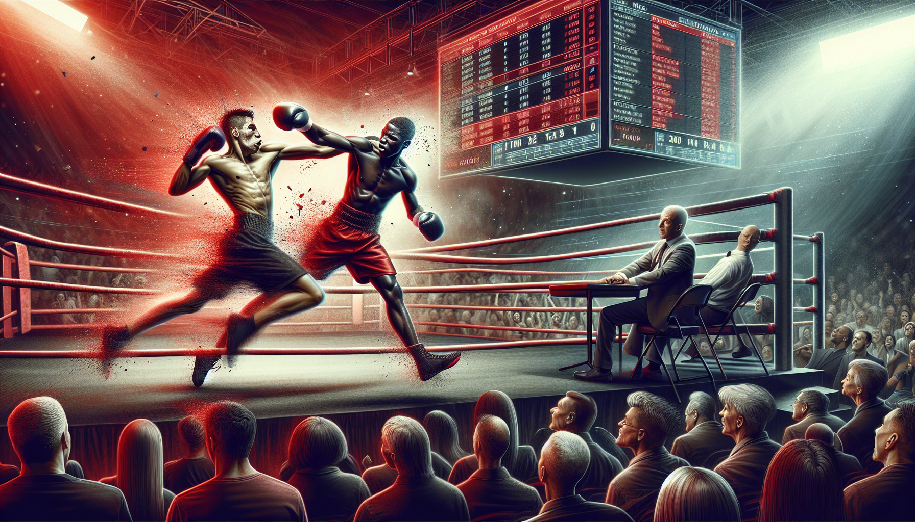 Illustration of a dynamic boxing match with two boxers in the ring, one throwing a punch, in front of an audience and a referee.