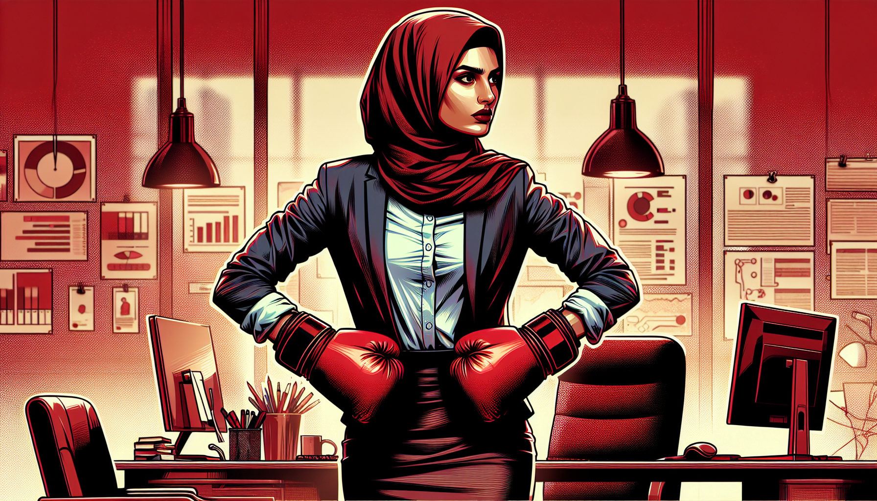 Illustration of a confident woman in a hijab standing with arms akimbo in a modern office environment, with computers and various papers on the wall behind her.