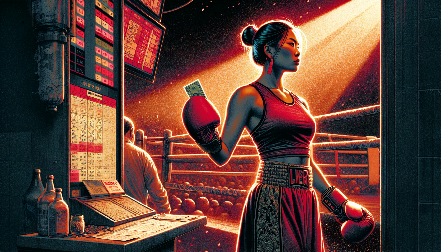 An illustrated image of a woman boxer in a fighting stance, wearing gloves and athletic attire, with a boxing ring and audience in the background, set in a vibrant, neon-lit atmosphere.