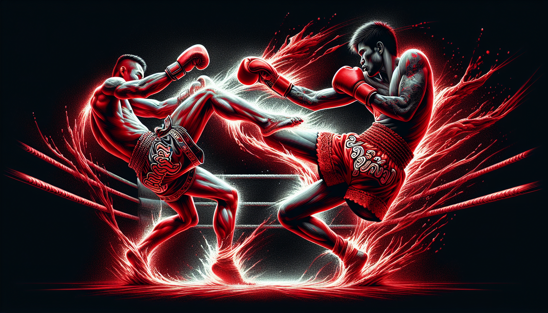 Digital artwork of two Muay Thai fighters in combat, surrounded by dynamic red energy lines on a black background.