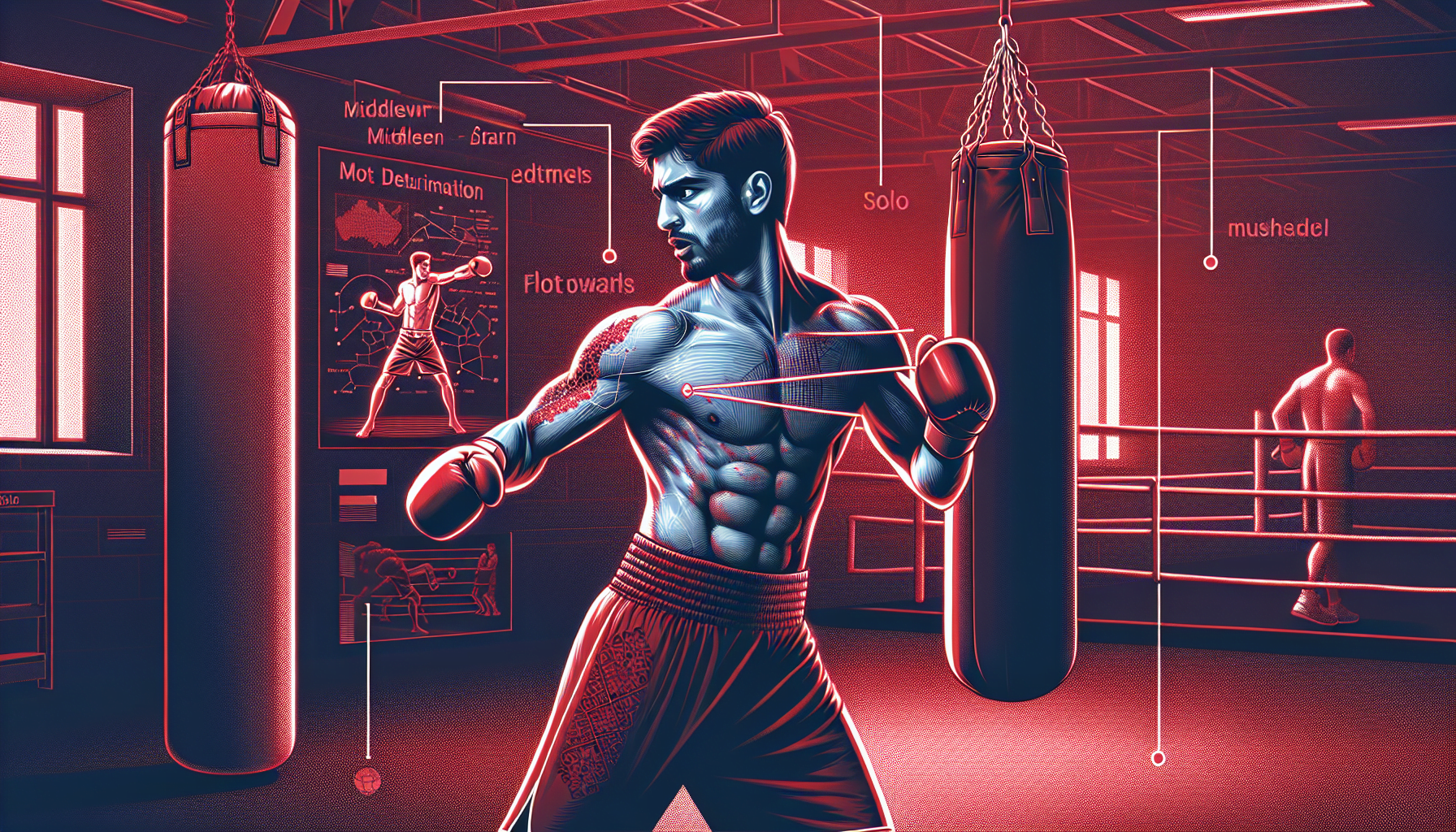 Illustration of a male boxer training in a gym with punching bags, neon lighting, and motivational words on the walls.