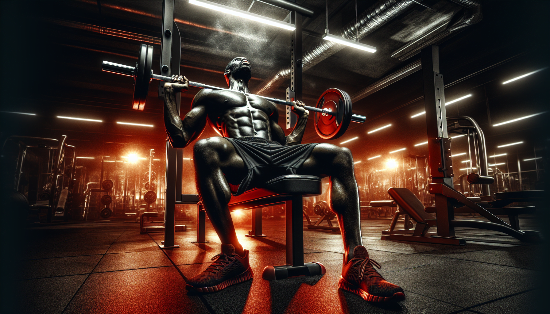 Muscular individual lifting weights on a bench in a gym with dramatic lighting.