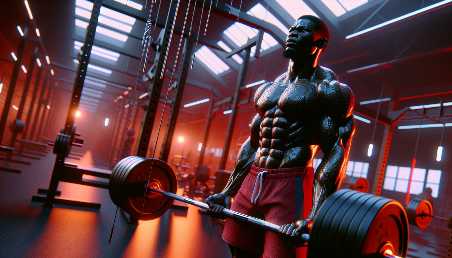 A muscular individual lifting a barbell in a gym with red lighting.