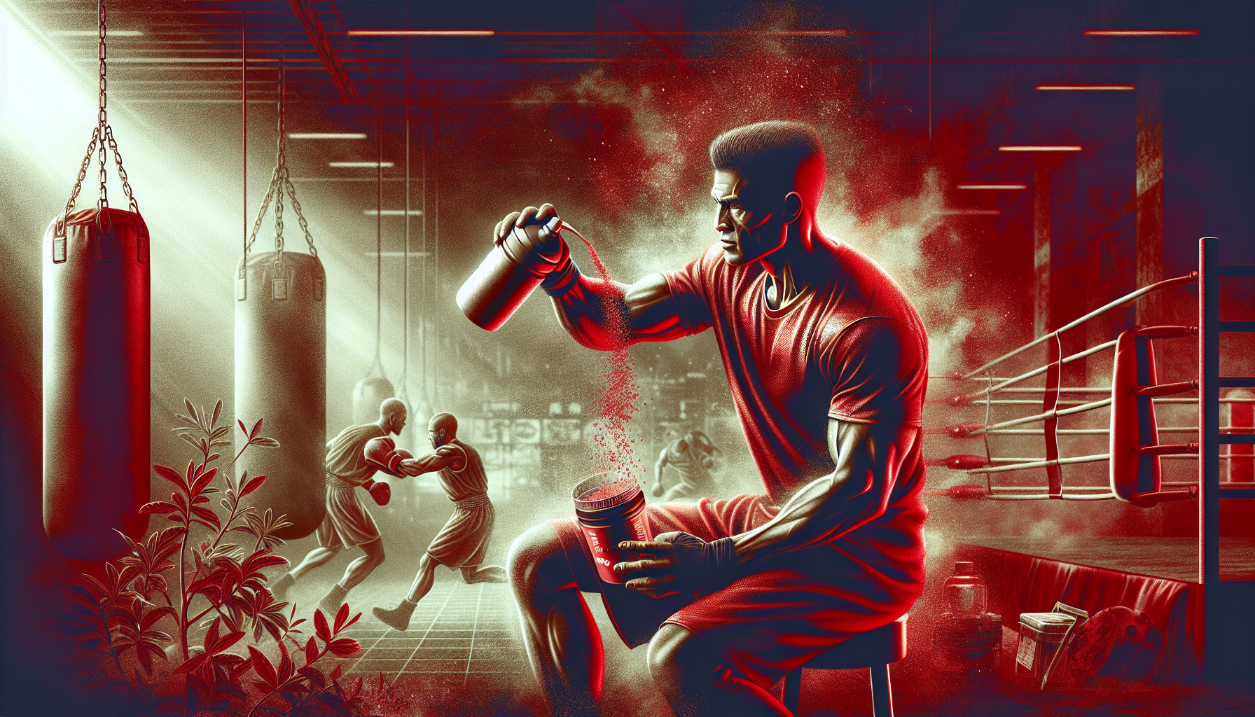 Digital artwork of a stylized boxer wrapping his hands in a gym with a red and black color scheme, featuring shadows of sparring boxers in the background.