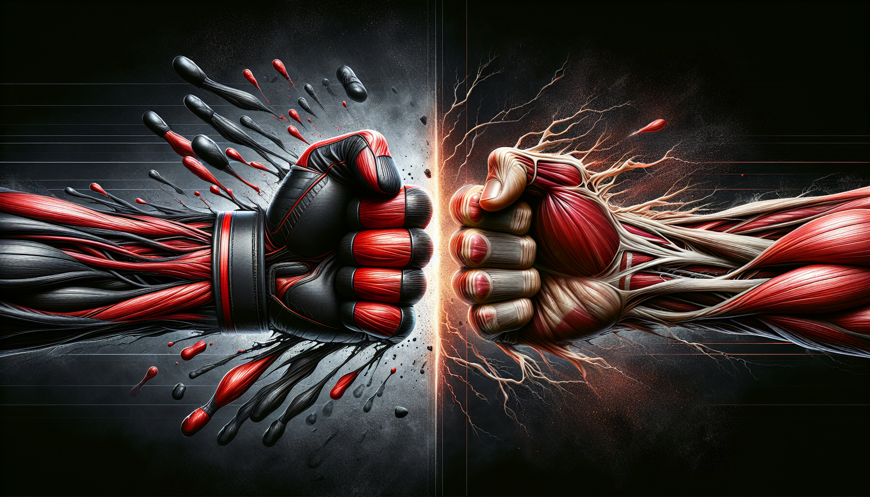 Two clenched fists with exaggerated red muscle fibers extending from the wrists, colliding in a powerful impact with dynamic energy lines and scattering droplets, against a dark background.