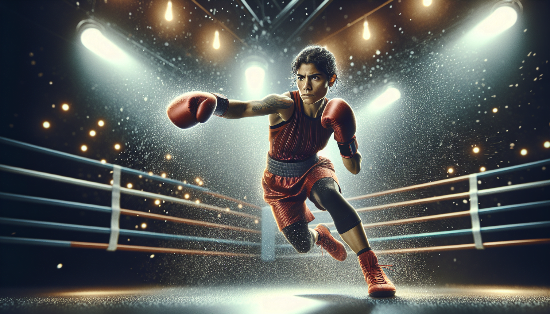 Female boxer throwing a punch in the ring with dramatic lighting and particles around her.