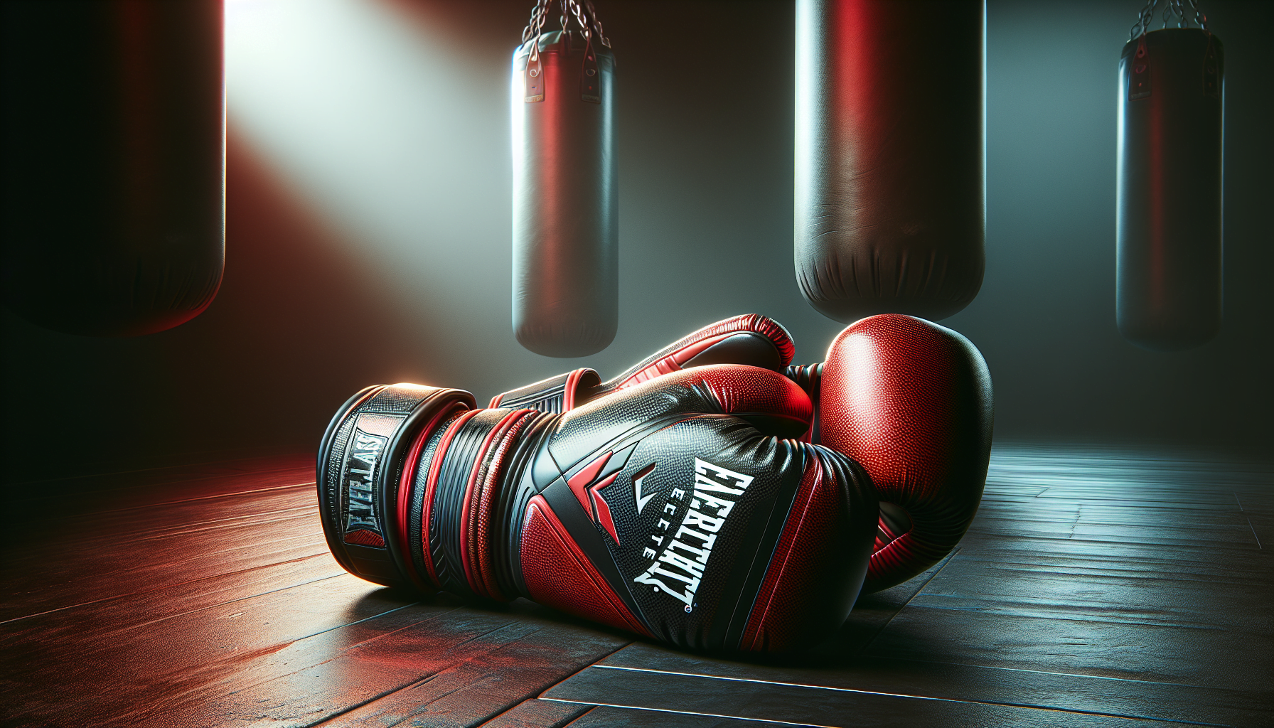 A pair of red boxing gloves on a wooden floor with punching bags in the background.