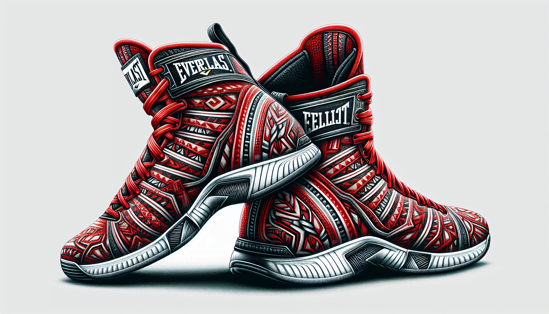 A pair of highly detailed red and black sneakers with intricate patterns and the word "Everlast" featured on the design.