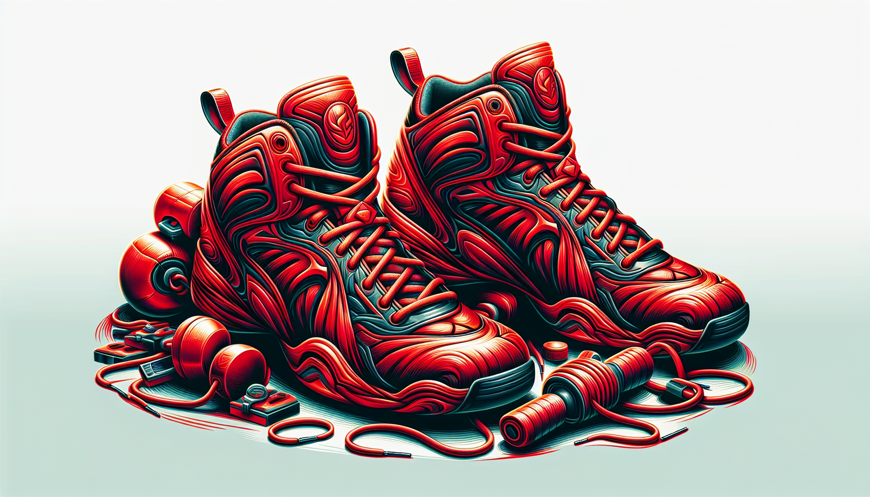 Illustration of a pair of stylized red and teal basketball shoes with a flowing, liquid-like design.