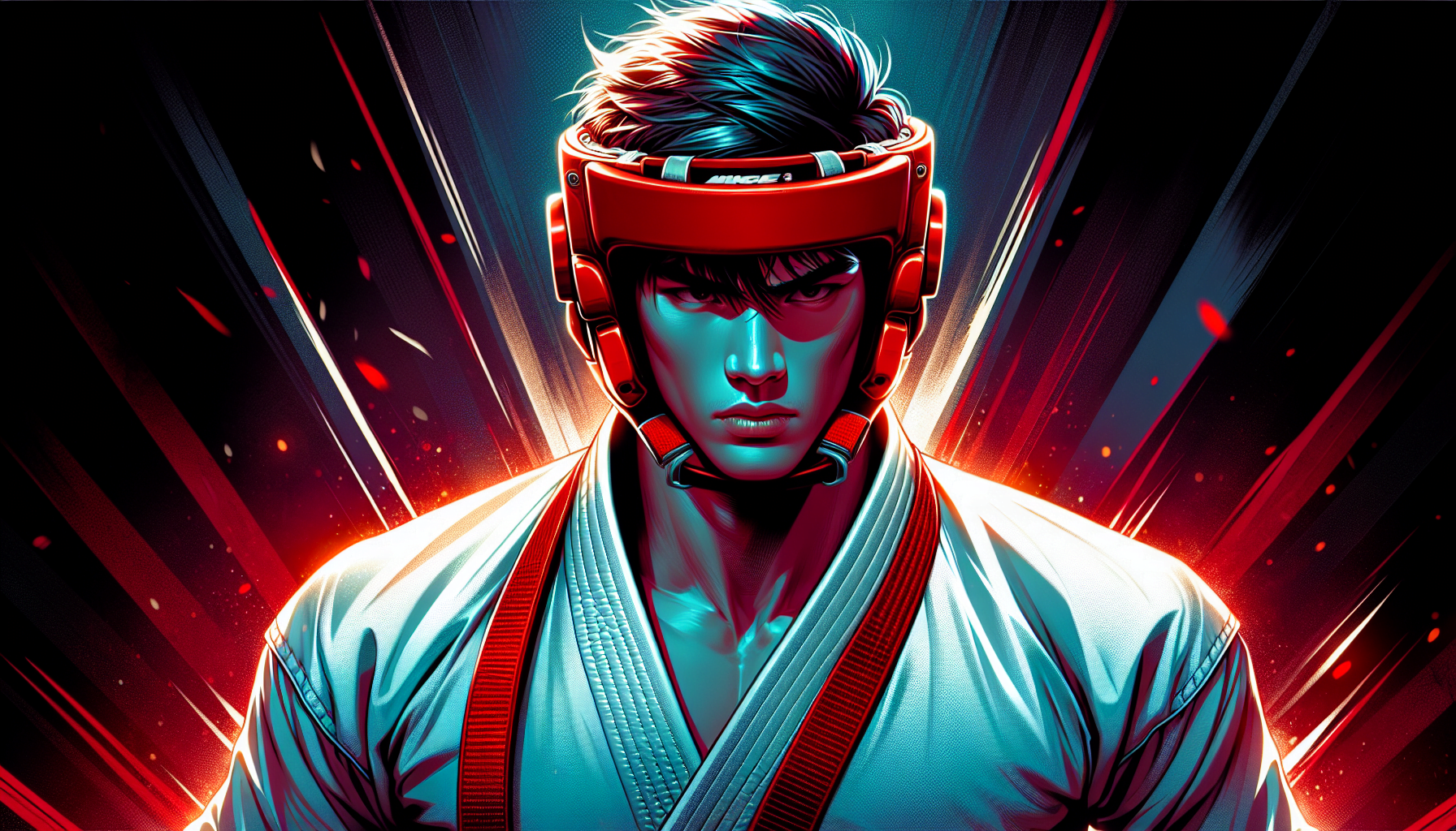 Illustration of a determined male character with a futuristic headset, against a dynamic red and blue neon-lit background.