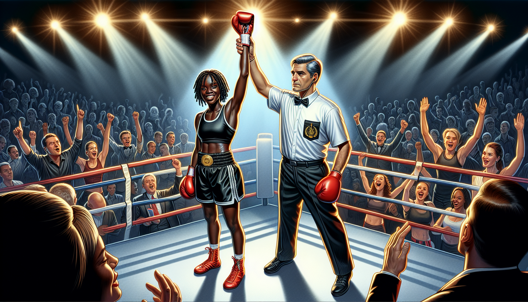 Illustration of a female boxer with raised gloved hand, declared the winner by a referee in a boxing ring, with an excited crowd cheering in the background.