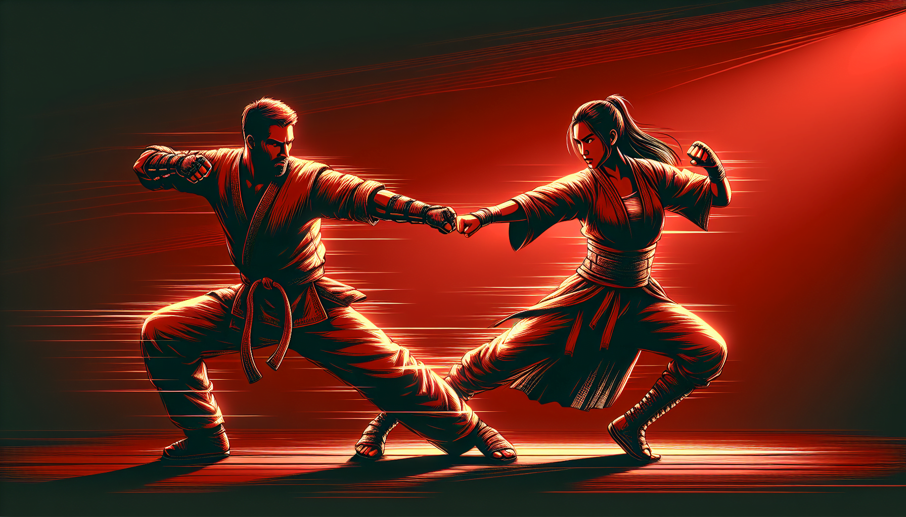 Illustration of two martial artists in karate gis sparring against a red backdrop.