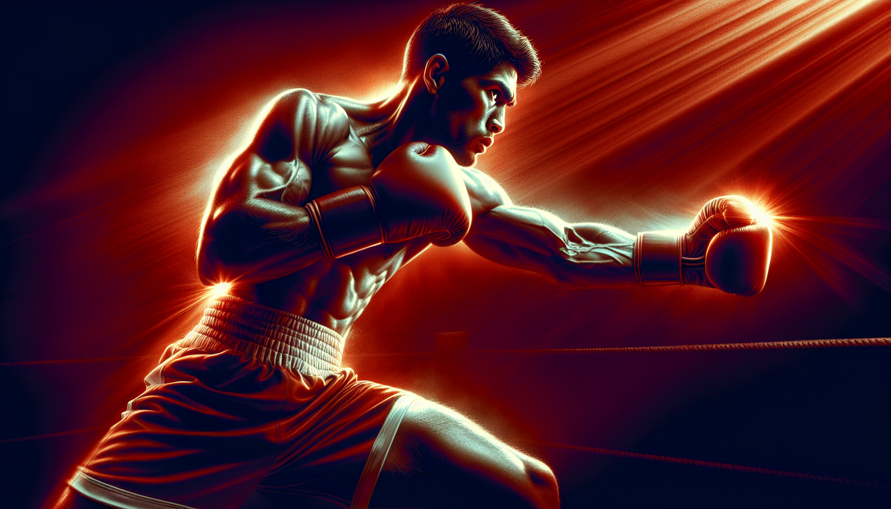 A digitally enhanced image of a boxer throwing a punch with a dynamic red and orange light effect in the background.