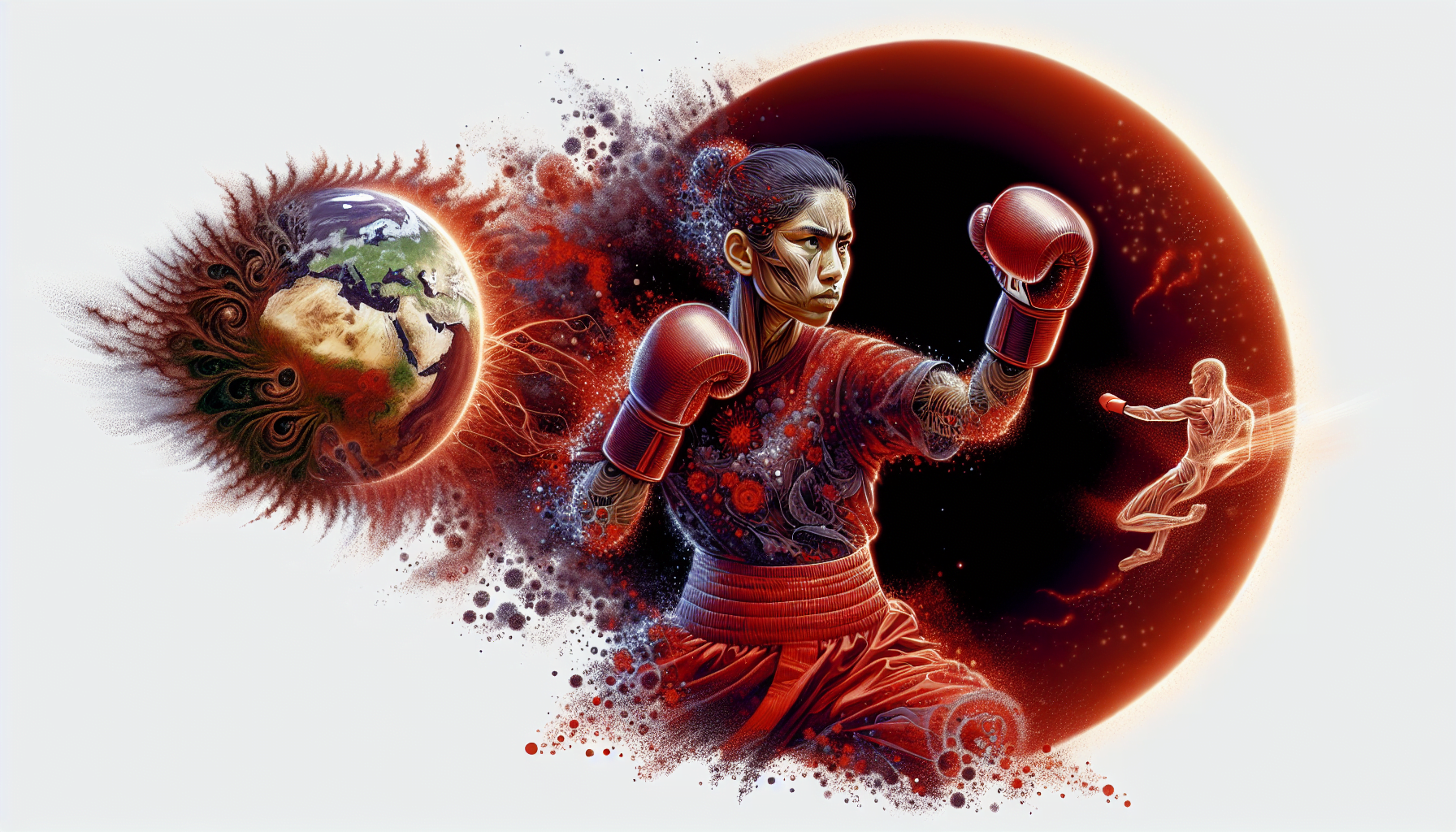 Illustration of a woman with boxing gloves poised for combat, with a stylized Earth and fiery orb in the background, and a translucent figure of a person in motion to the right.