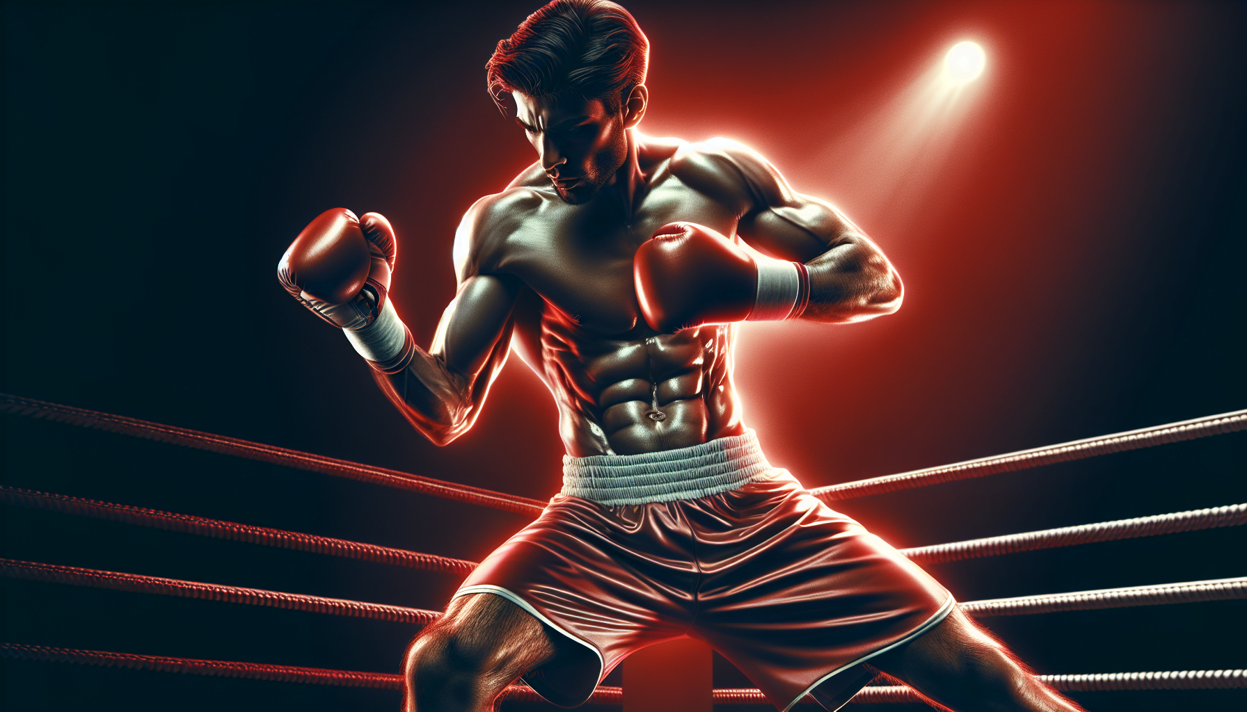 Illustration of a muscular male boxer in a fighting stance inside a boxing ring with dramatic lighting.