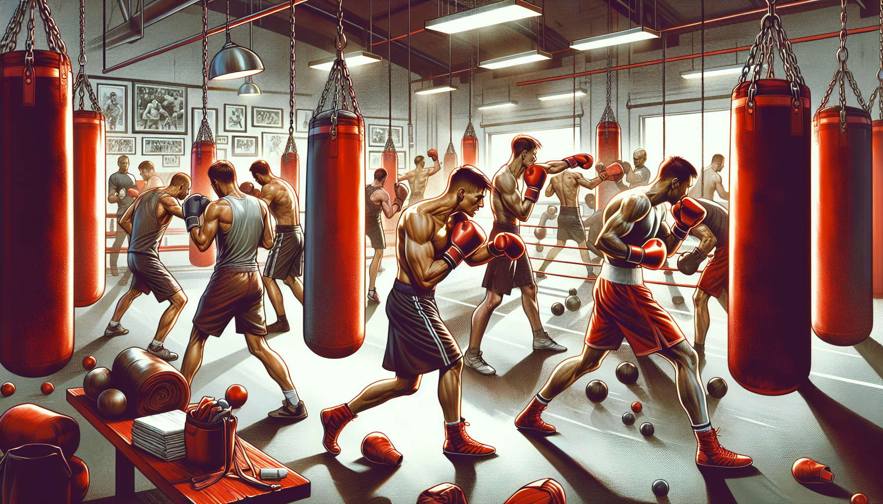 Illustration of a bustling boxing gym with multiple boxers training, punching bags, and gym equipment.