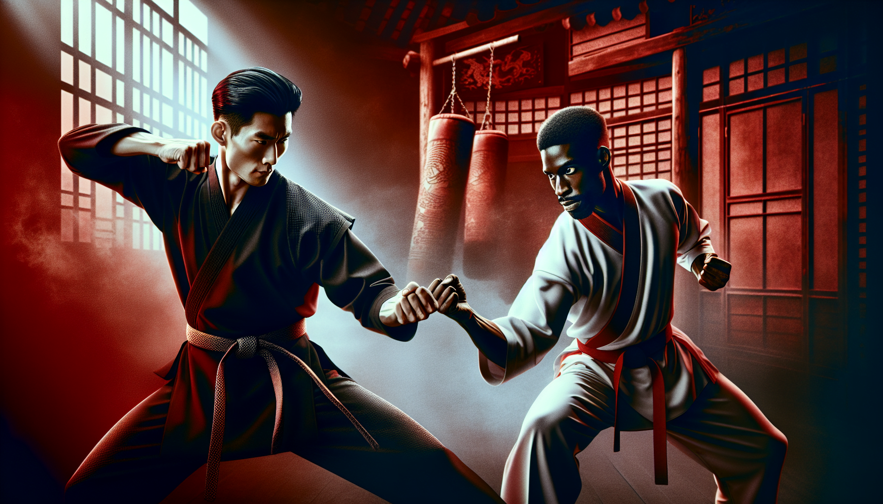 Two martial artists practicing in a traditional dojo setting.