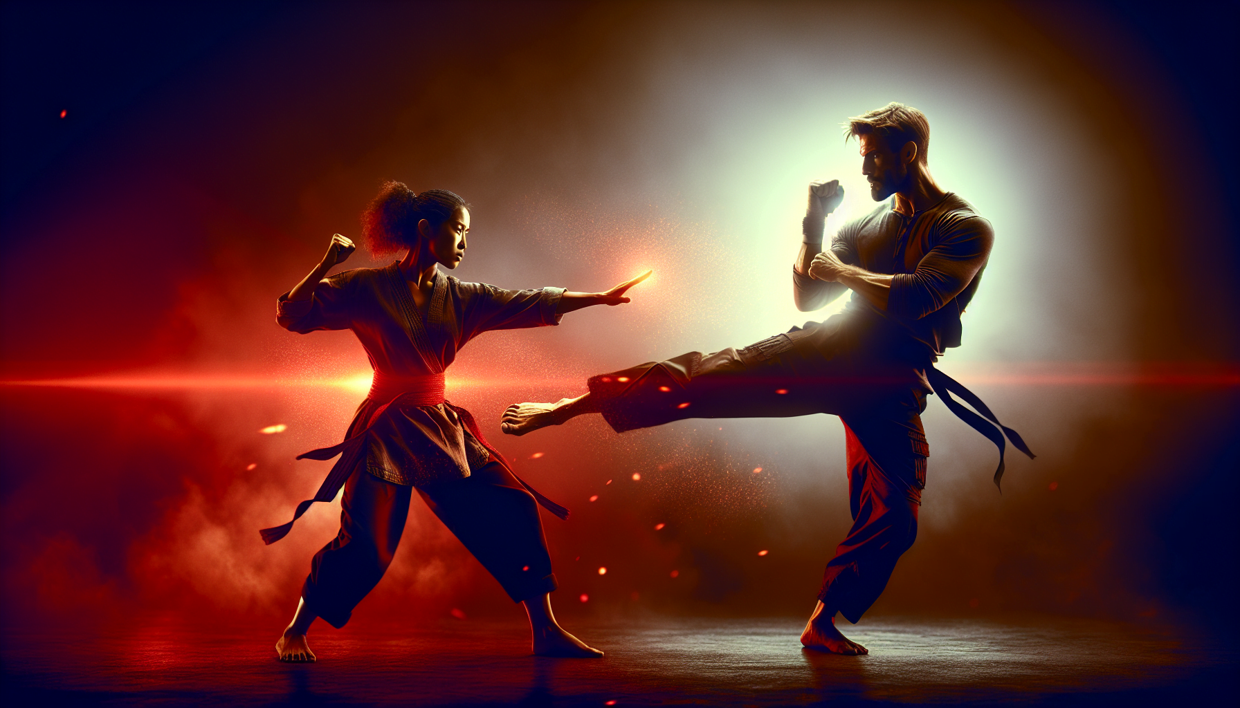 Two martial artists are engaged in a sparring match, one executing a high kick, against a dramatic red and orange backlit background.