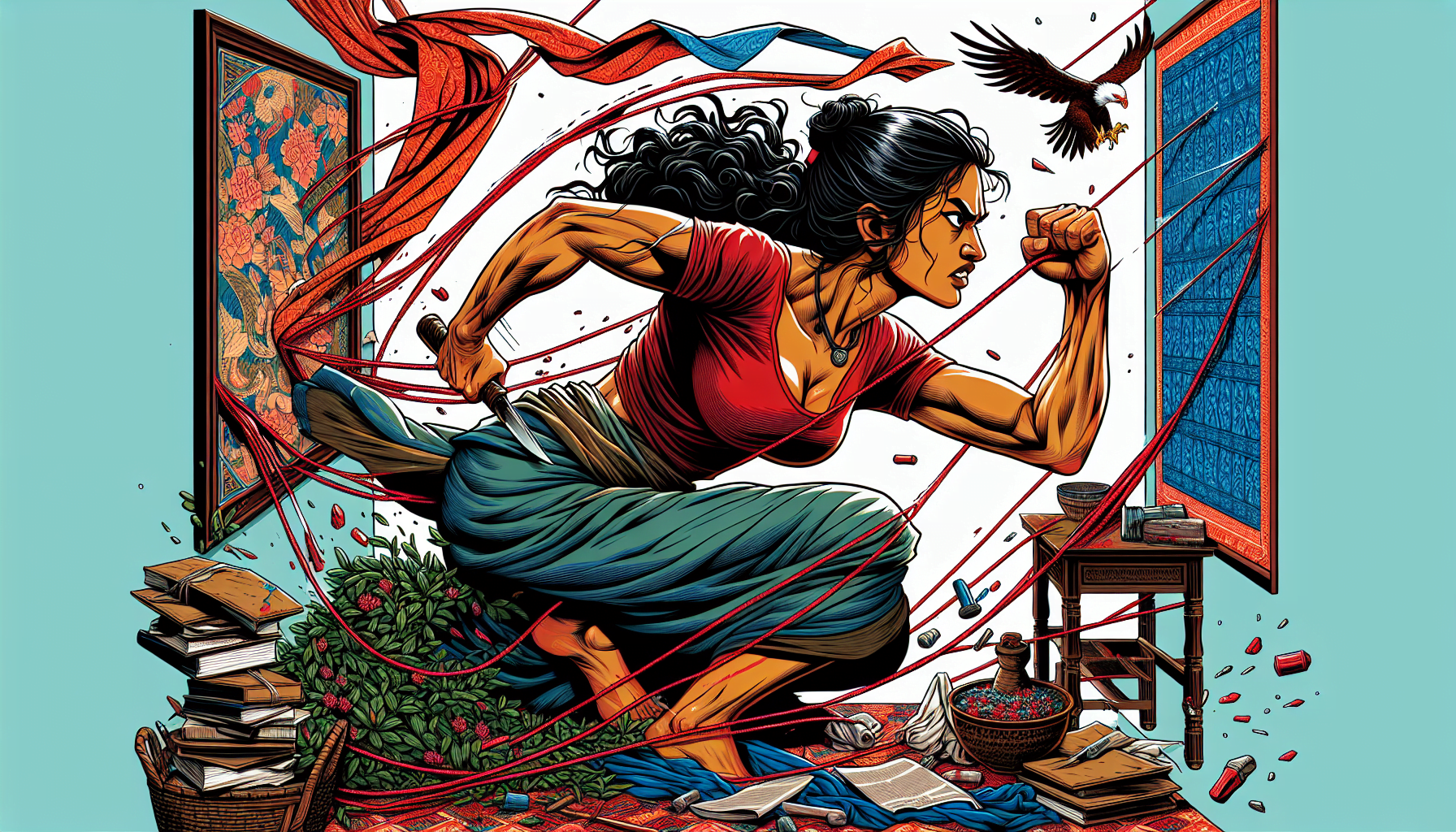 Illustration of a dynamic female superhero running through a window, with glass shattering around her, a determined expression on her face, and a bird flying in the background.