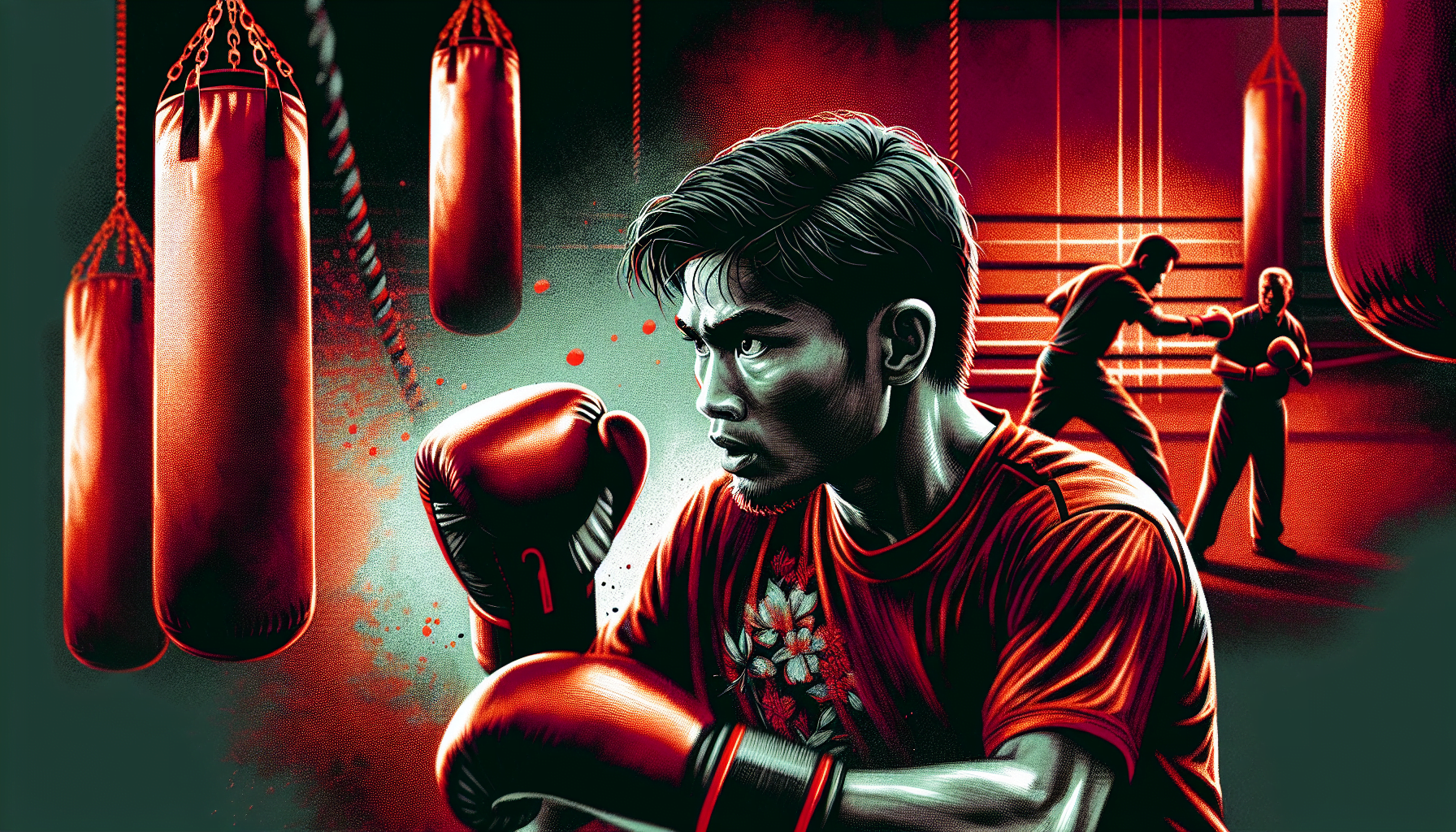 Illustration of a determined male boxer in red gloves and attire, with a bruised face, standing in a gym with punching bags and two people sparring in the background.