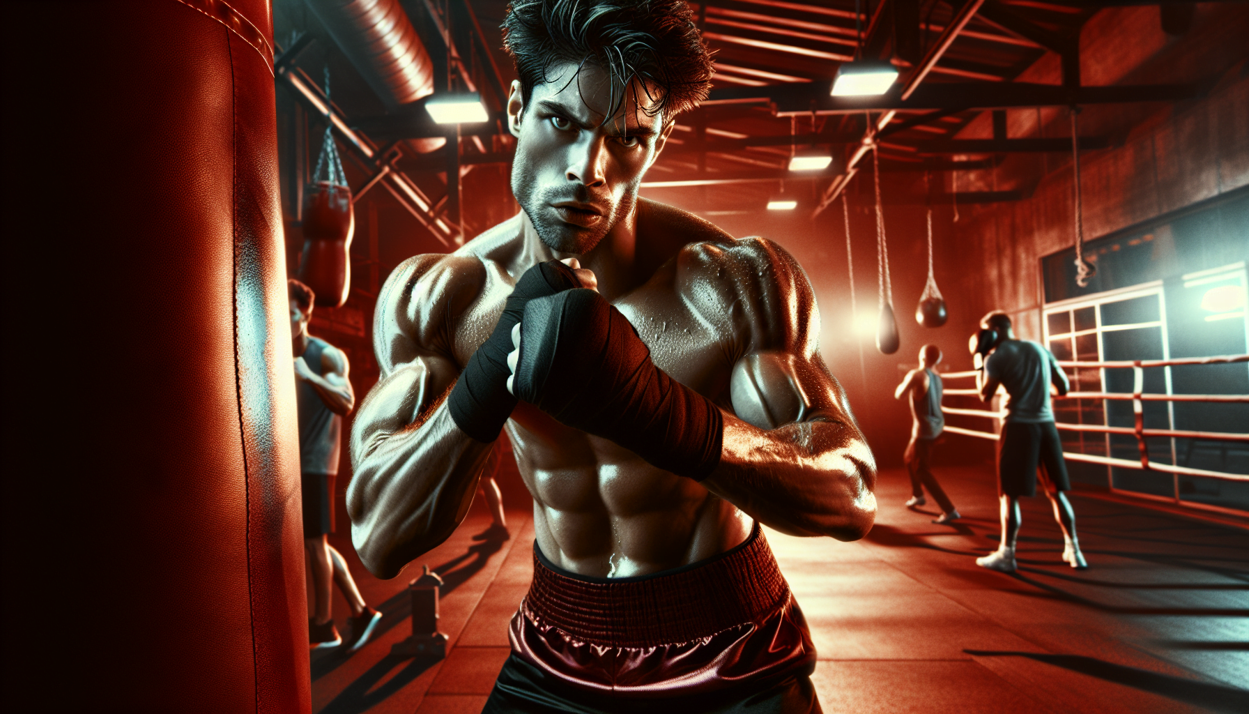 A muscular boxer in a defensive stance in a dimly lit gym with other boxers training in the background.