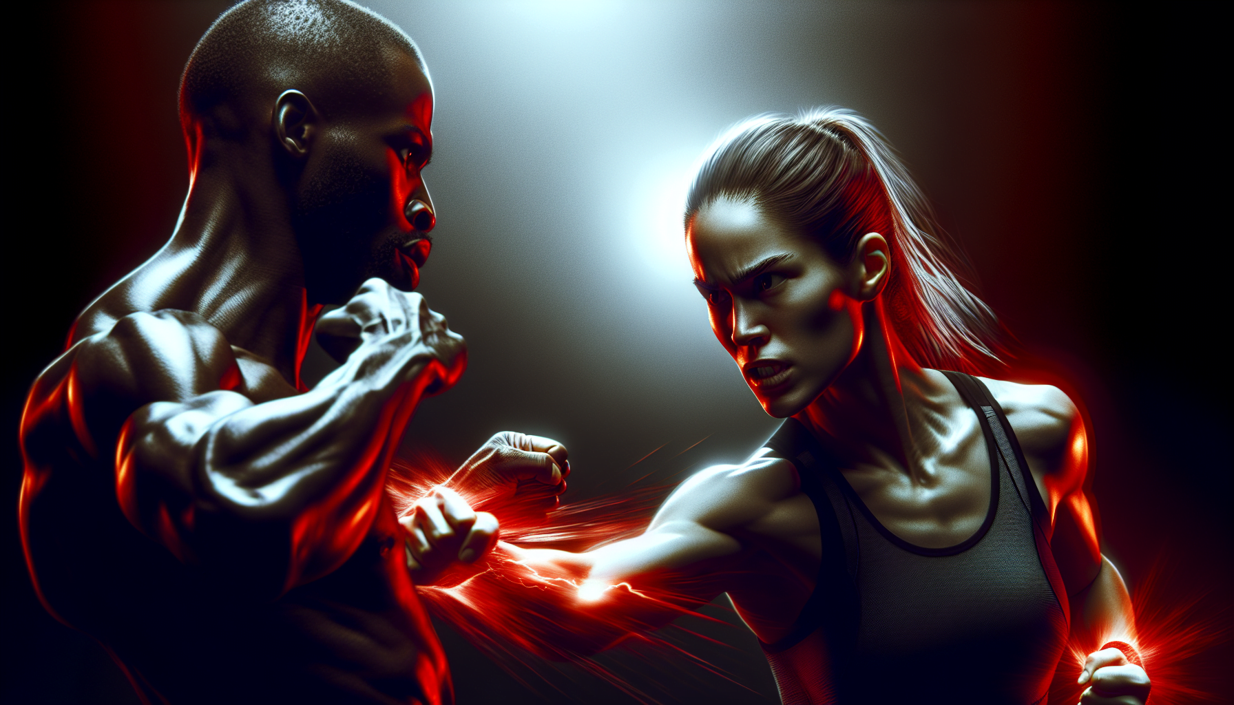 Two intense, stylized fighters facing off with glowing red energy on their fists.