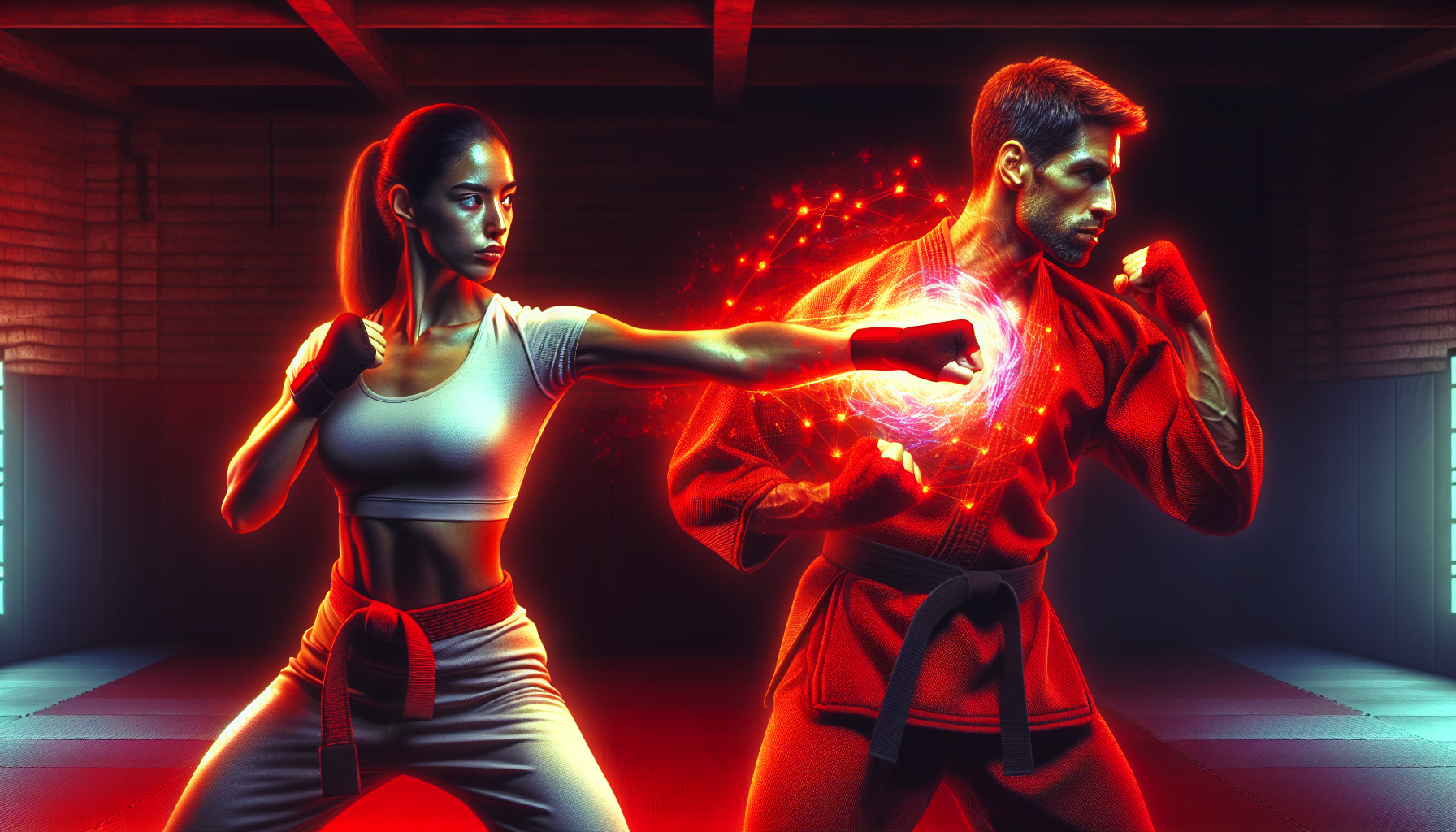 Two martial artists, a woman and a man, engaged in combat with dynamic energy effects surrounding their movements, set in a dimly lit dojo environment.