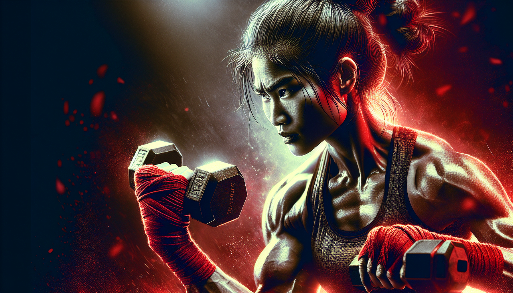 A determined woman with hand wraps lifting a dumbbell, surrounded by a dynamic red and orange glow with particles suggesting intensity.