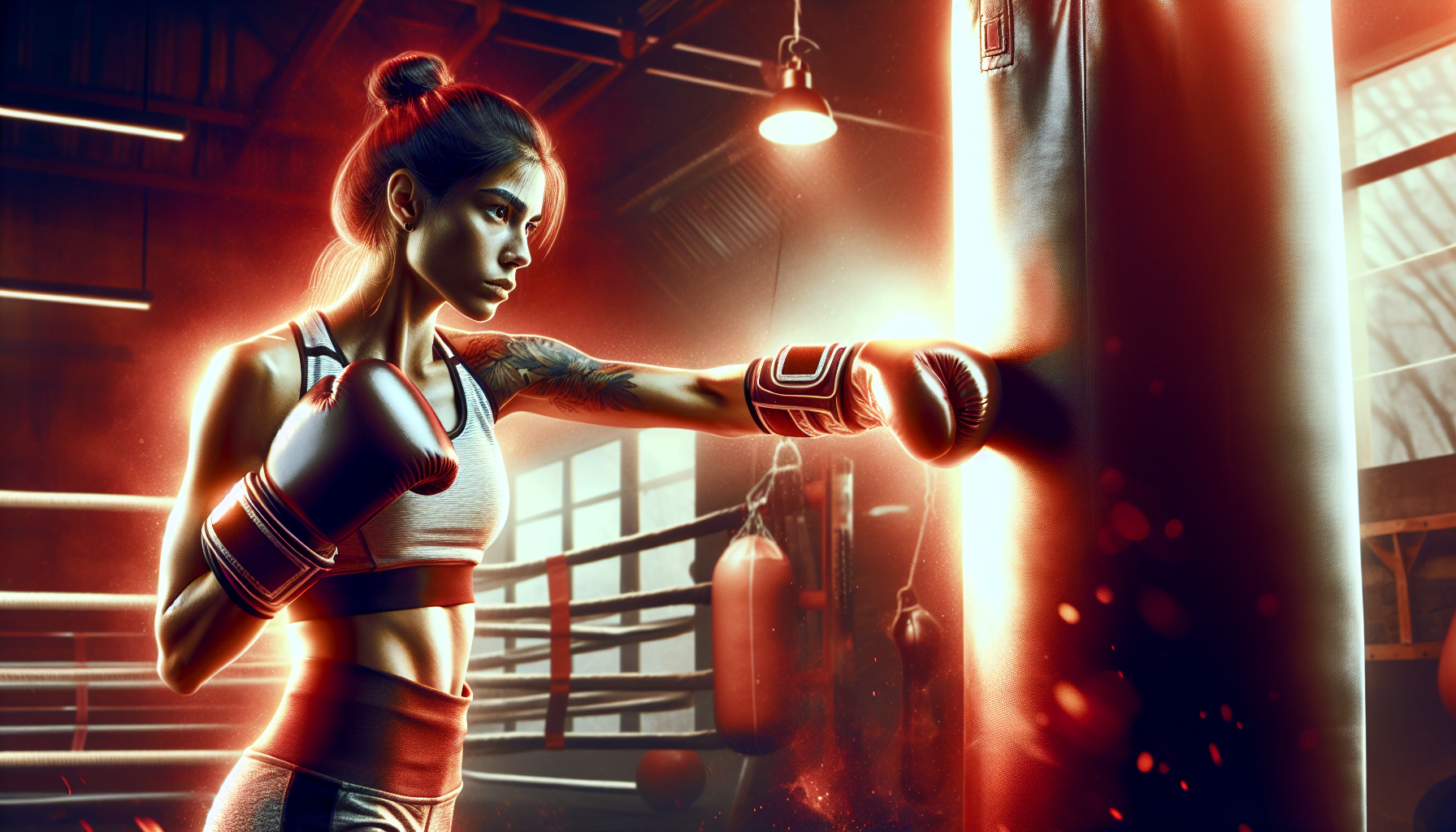 A female boxer training in a gym, punching a heavy bag with focus and determination.