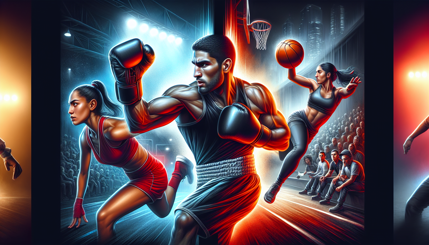 Illustration of athletes in dynamic poses, featuring a male boxer in the center, a female basketball player on the right, and a female runner on the left, all stylized with intense lighting and vibrant colors against a competitive sports backdrop.