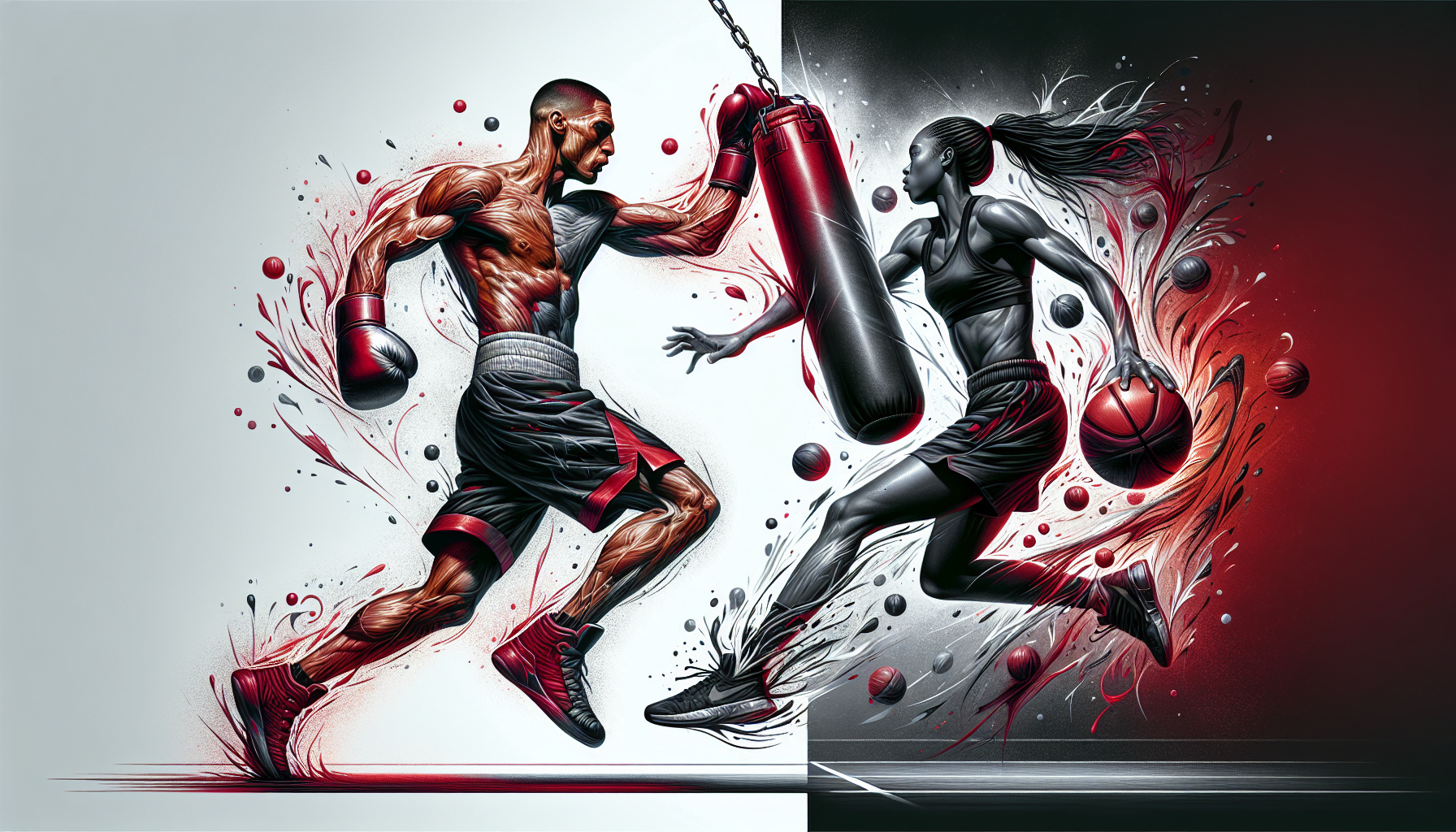 Illustration of a male boxer punching a heavy bag and a female basketball player dribbling, with dynamic splashes of red accentuating their movements.