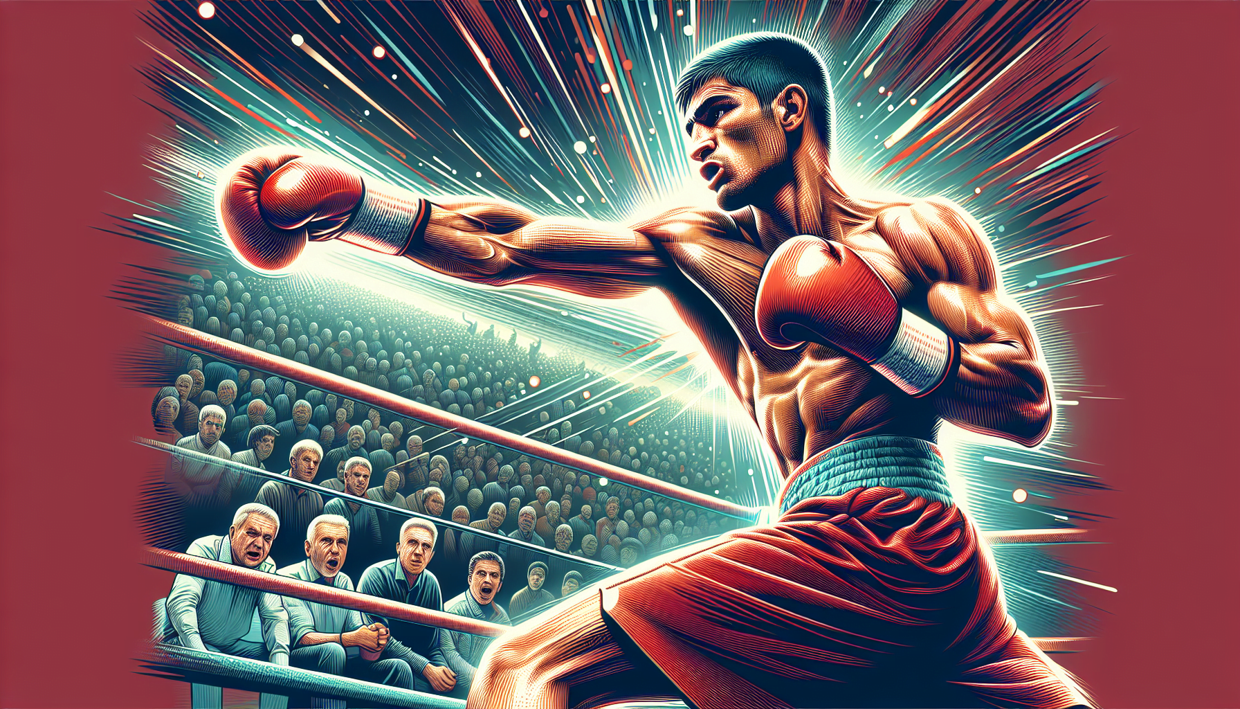 Illustration of a boxer throwing a punch in the ring with an excited crowd in the background, stylized with dynamic lines and vibrant red and blue colors.