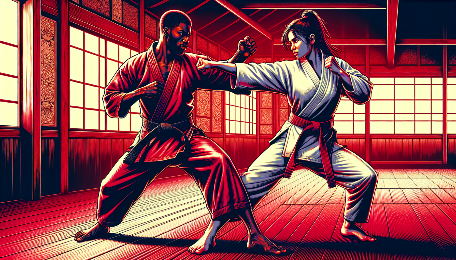 Two martial artists in a traditional dojo, one in a red gi and the other in a white gi, are engaged in a sparring practice.