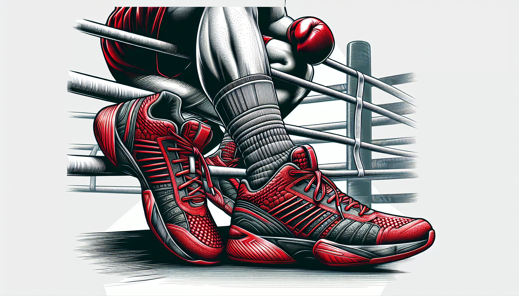 Illustration of a basketball player's legs wearing red sneakers with a basketball resting on the floor nearby.